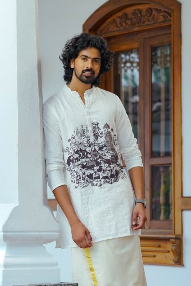 Offwhite Full Sleeve Long Kurtha with Handblock Print