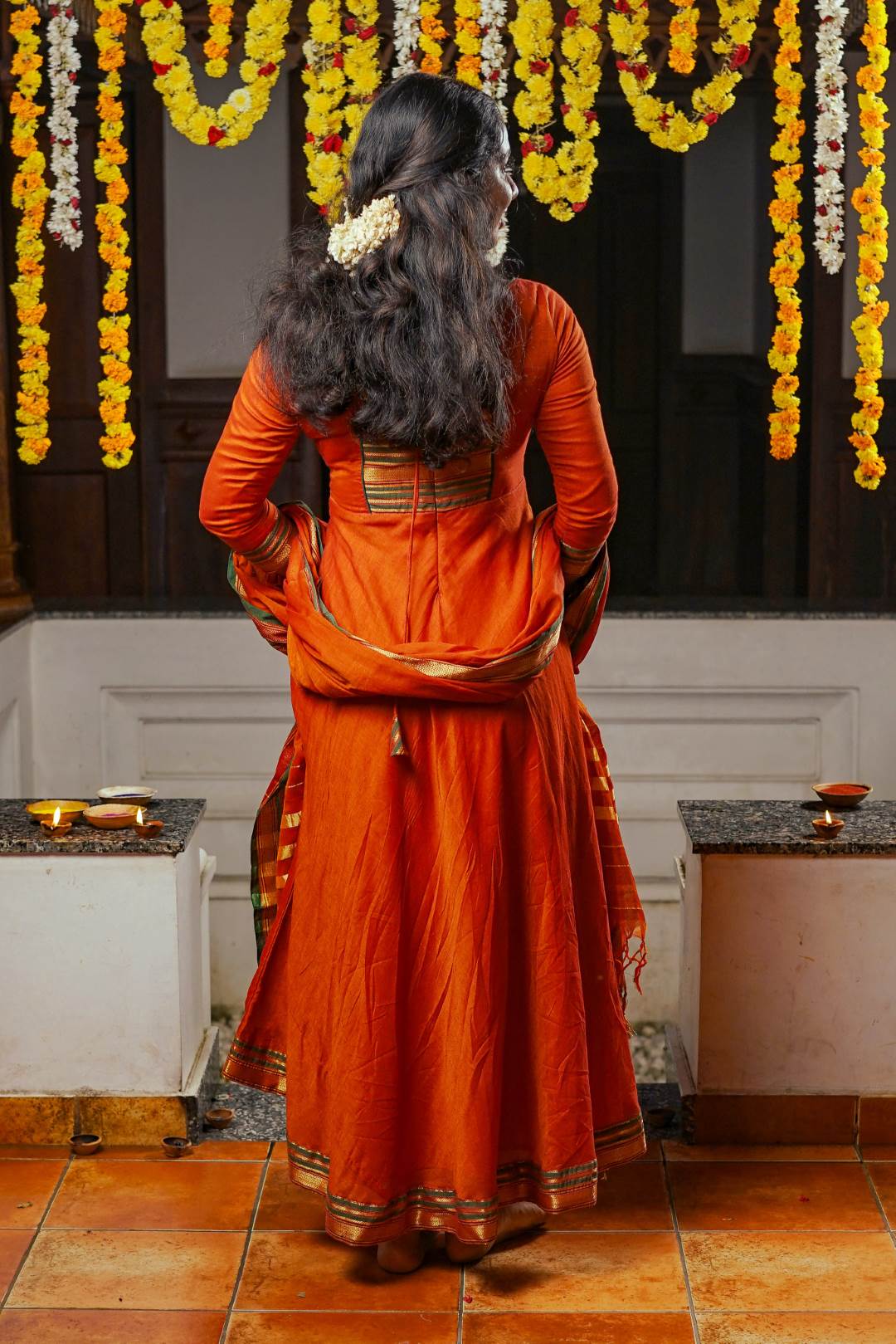 Orange Narayanpet Umbrella Cut Dress