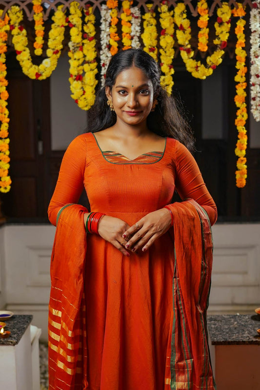 Orange Narayanpet Umbrella Cut Dress