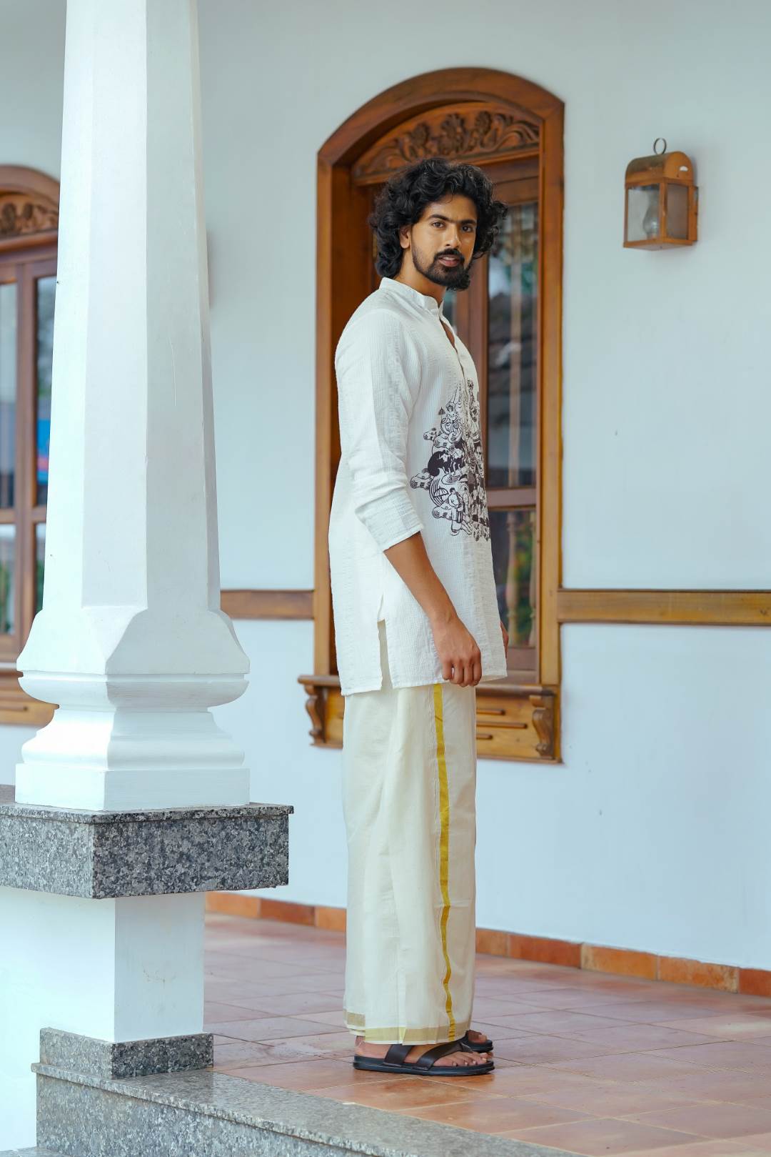 Offwhite Full Sleeve Long Kurtha with Handblock Print
