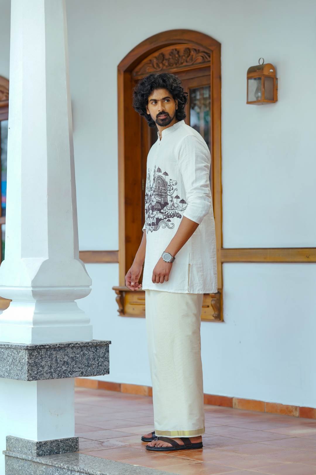 Offwhite Full Sleeve Long Kurtha with Handblock Print