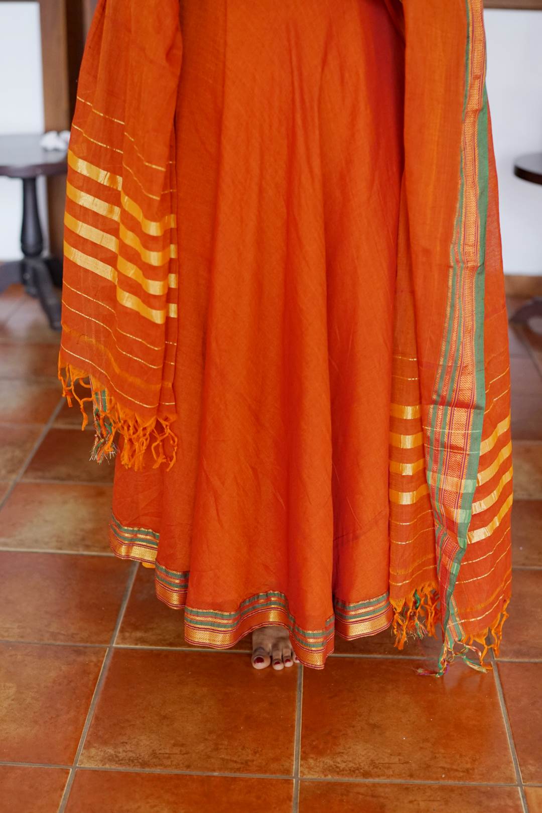 Orange Narayanpet Umbrella Cut Dress