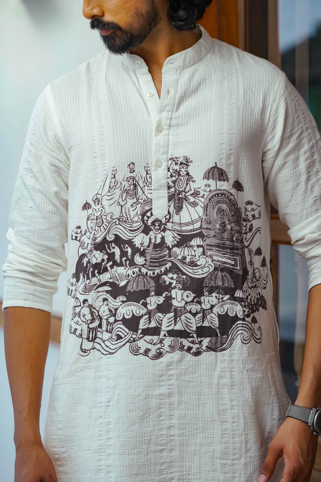 Offwhite Full Sleeve Long Kurtha with Handblock Print