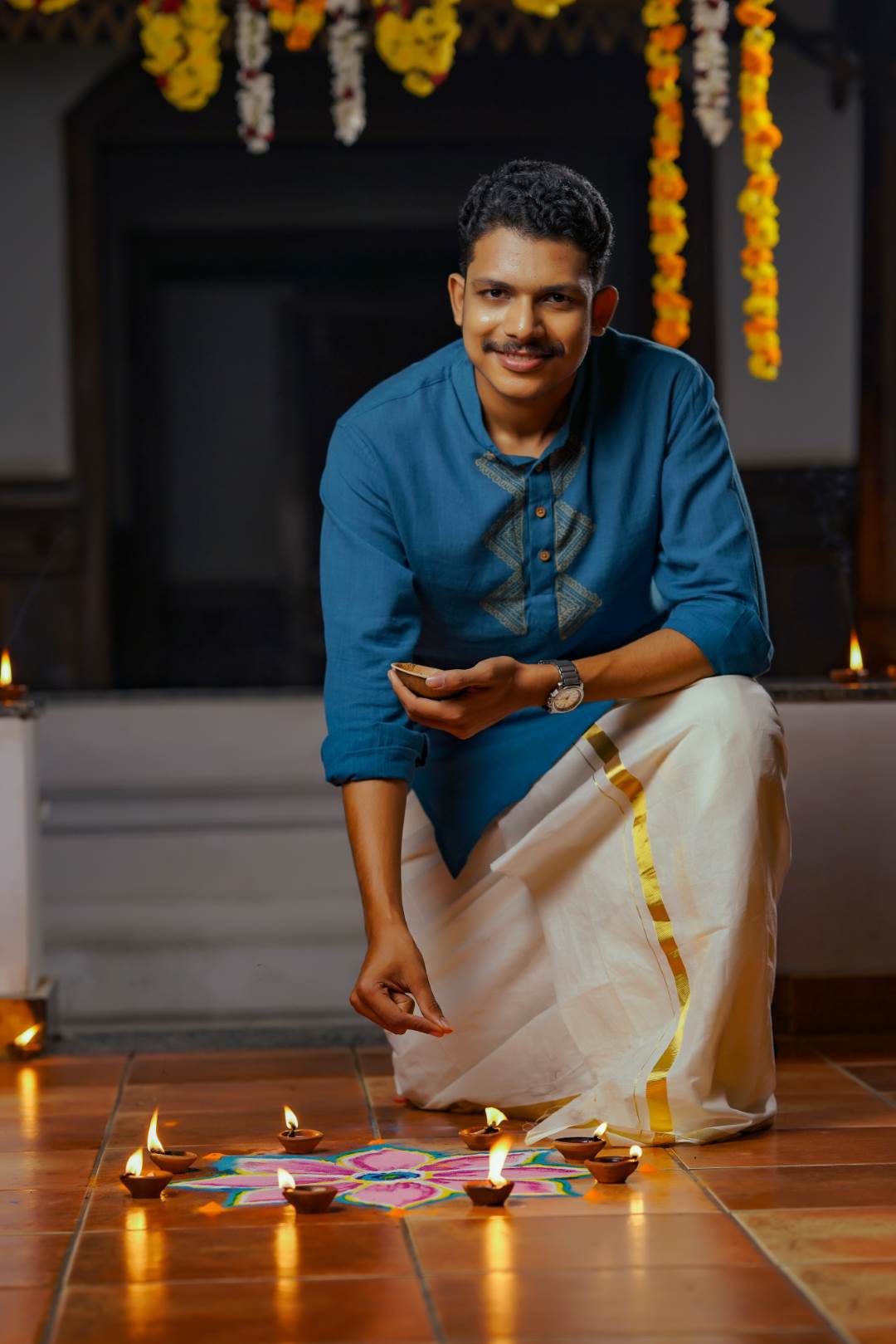 Peacock Blue Base Full sleeve Kurtha
