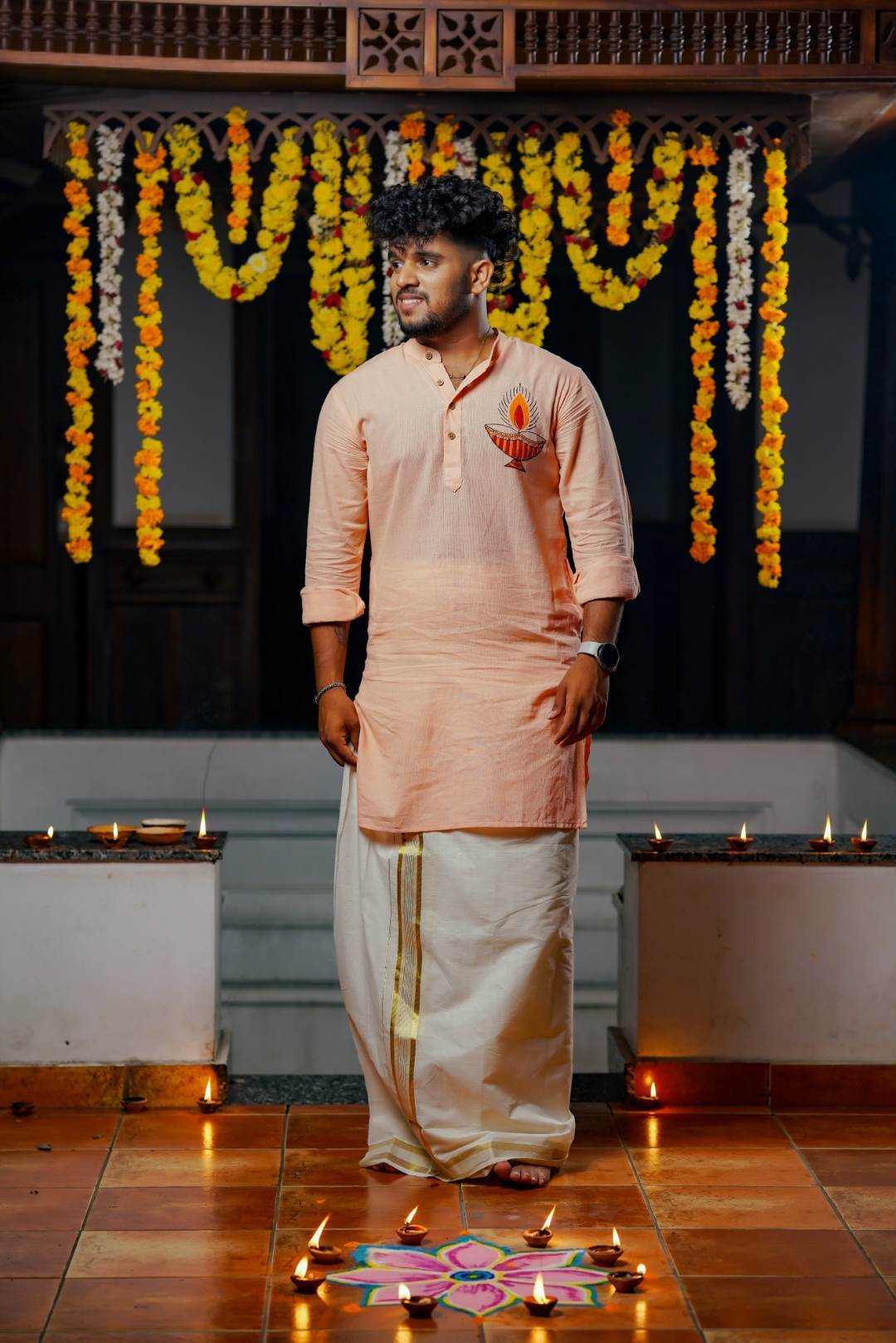 Peach Base Full Sleeve Kurtha