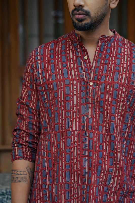 Red Full Sleeve Long Kurtha Epidermis Print Chinese Colar