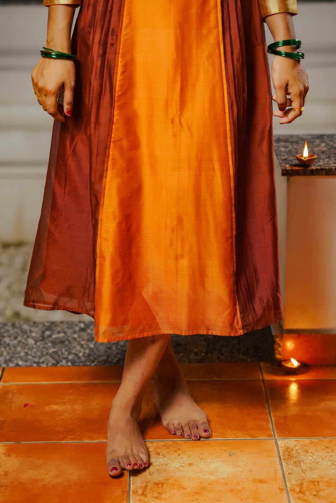 Orange & Brown A line 3 Panel Dress