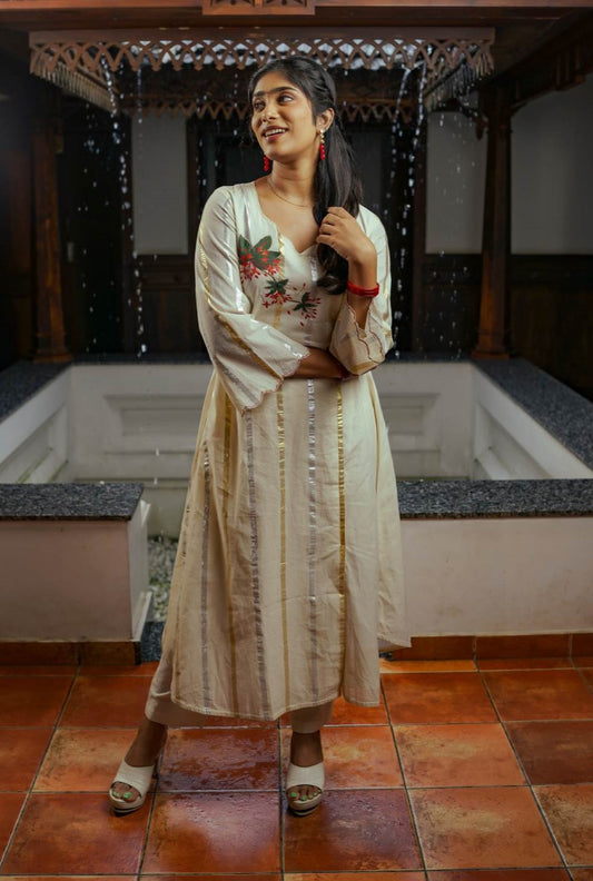 Offwhite Gold & Sliver Stripe A LIne Dress Chethi Hand Painted