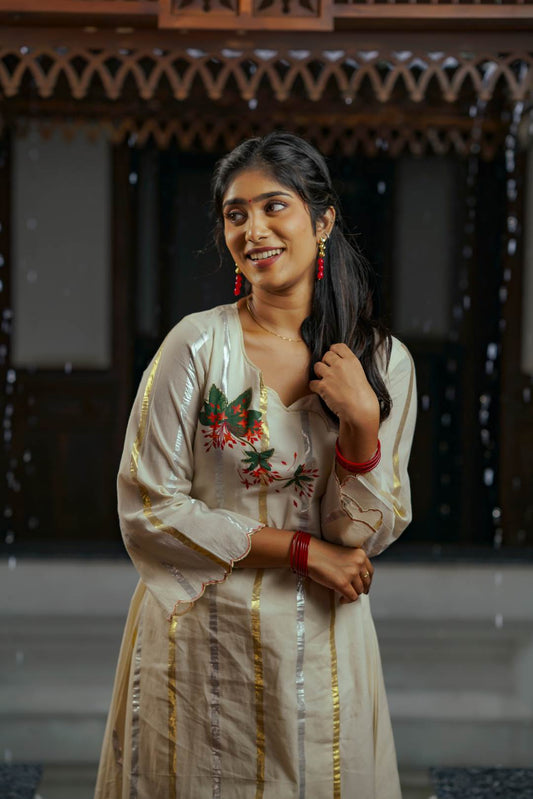 Offwhite Gold & Sliver Stripe A LIne Dress Chethi Hand Painted