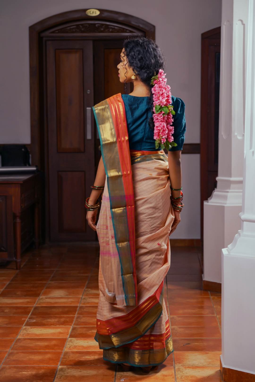 Cream Chettinadu Check Saree