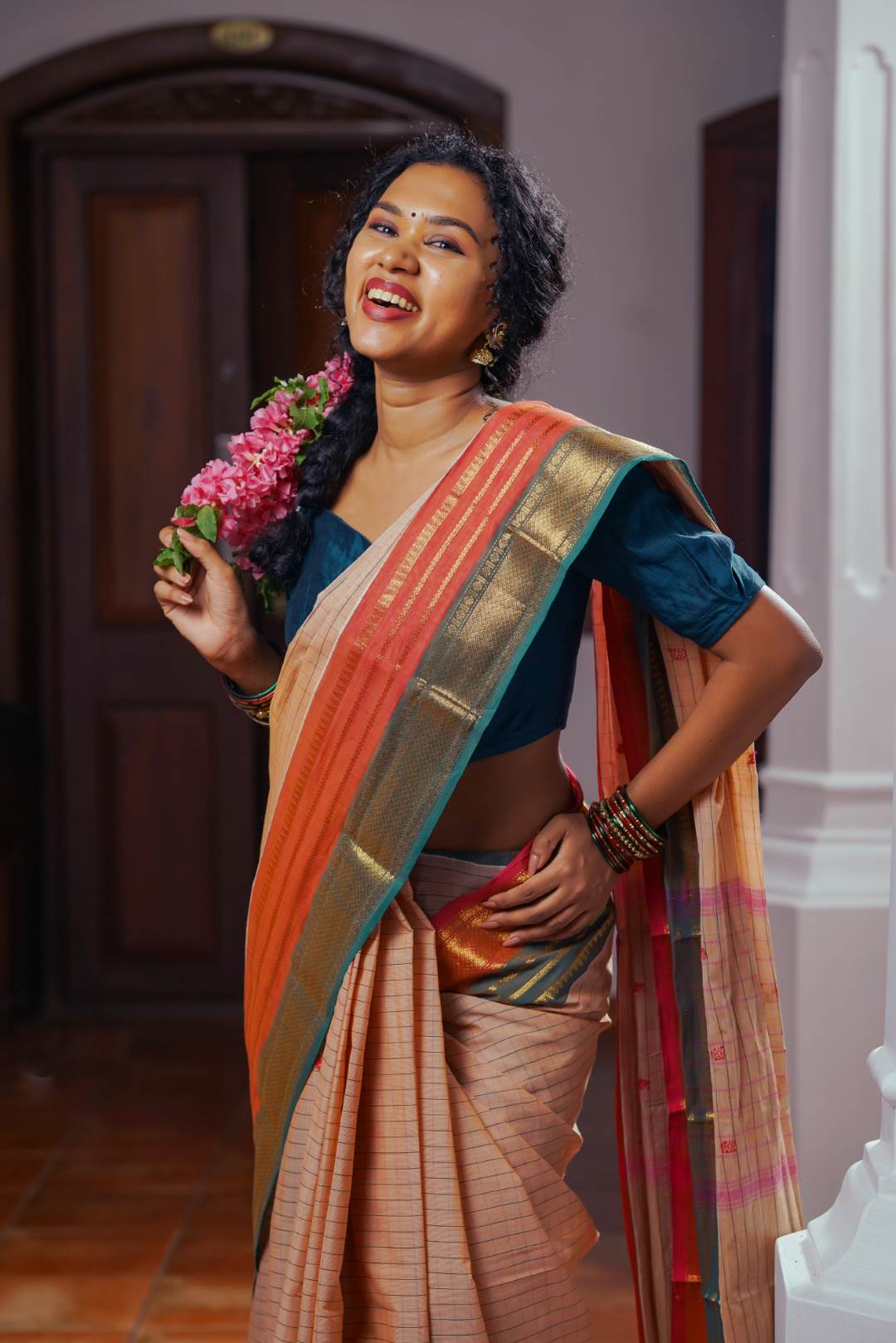 Cream Chettinadu Check Saree