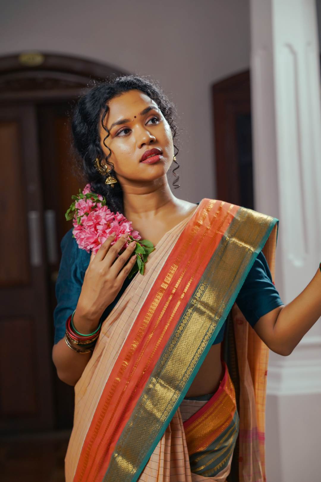 Cream Chettinadu Check Saree