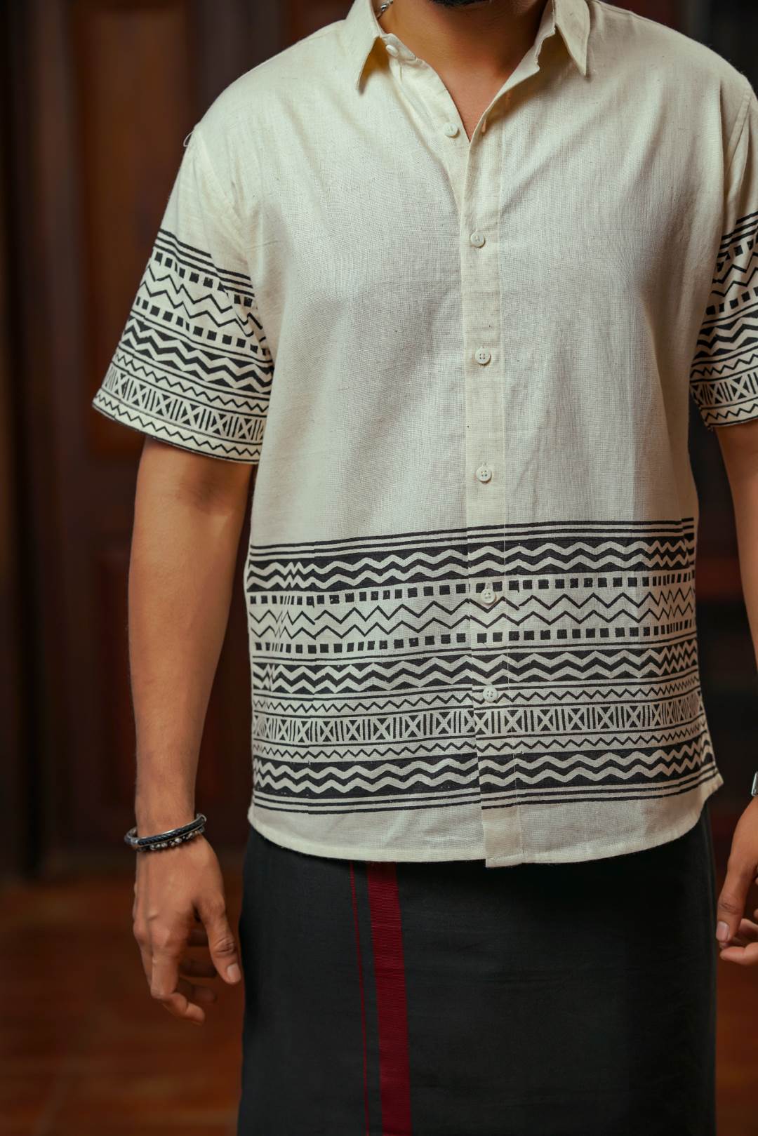 Offwhite Half Sleeve Shirt with Geometric Hand block printed