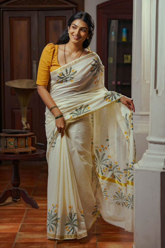 Offwhite Golden Kasavu Saree with Mukutti Floral Handblock Print