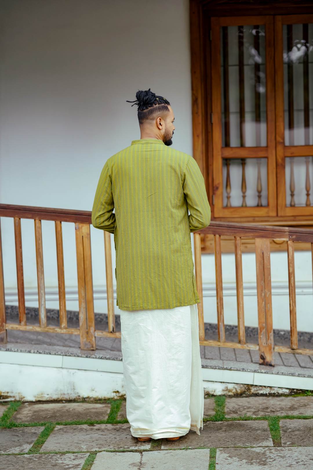 Olive Green Striped Long Kurtha