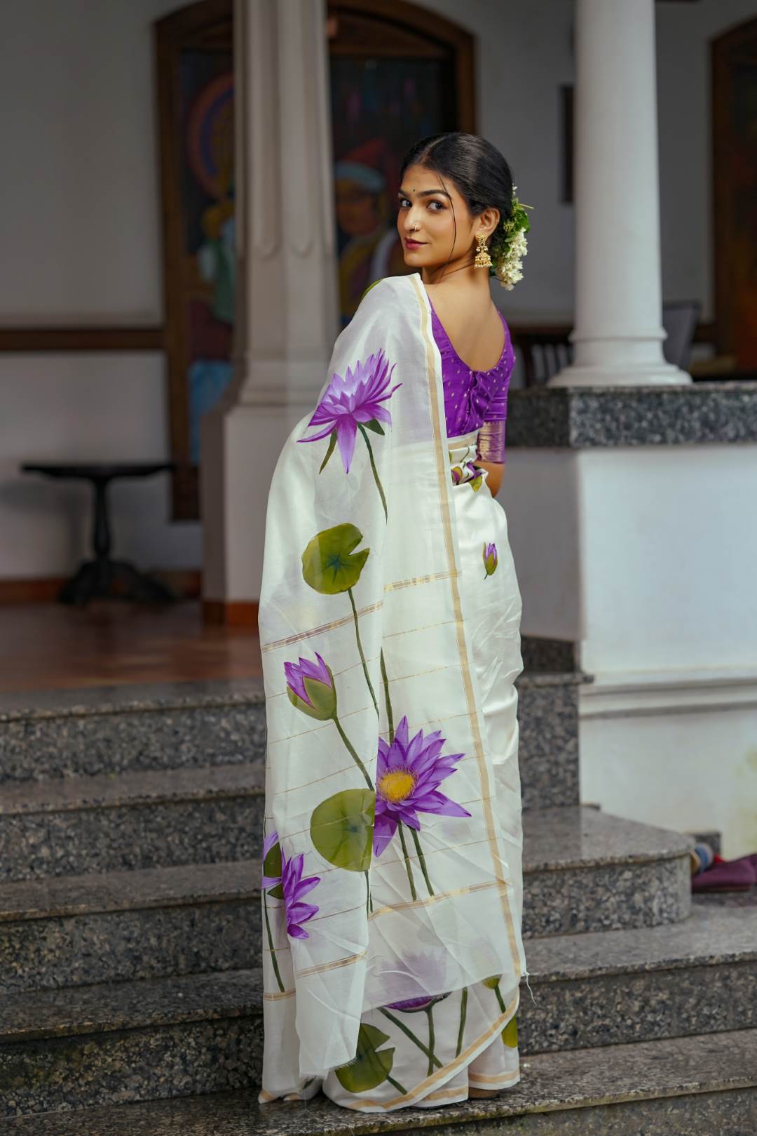 Offwhite Chanderi Saree Thin & Thick Stripe Blue Lotus Hand Paint