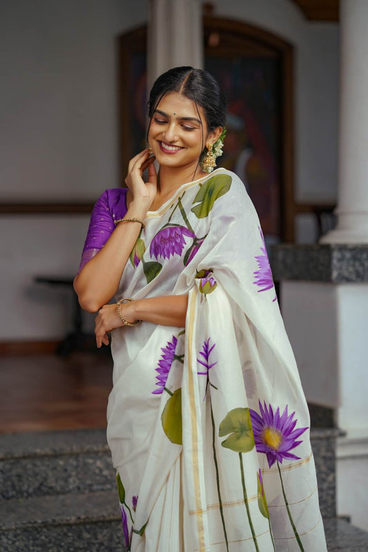 Offwhite Chanderi Saree Thin & Thick Stripe Blue Lotus Hand Paint