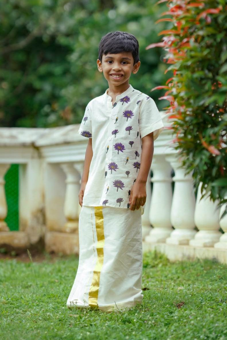 Offwhite Half Sleeve Shirt with water Lilly Handblock Print