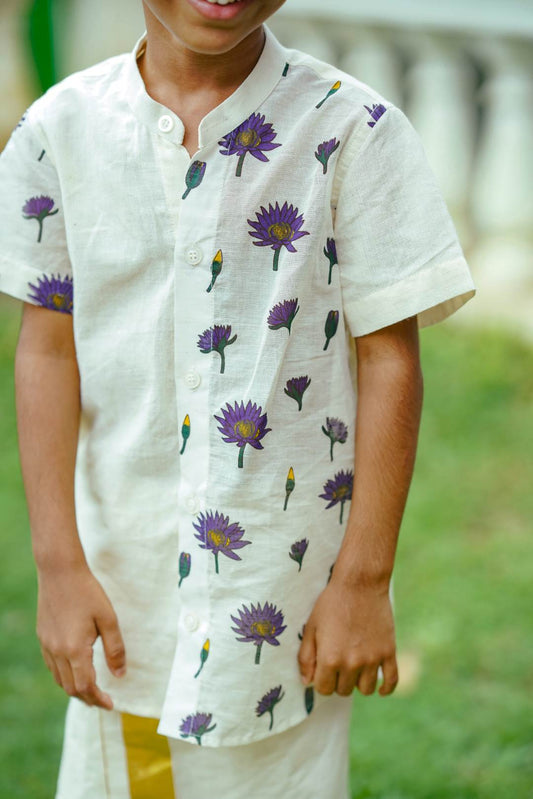 Offwhite Half Sleeve Shirt with water Lilly Handblock Print