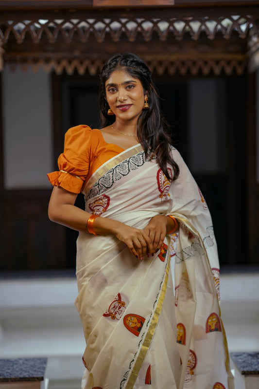 Offwhite Saree with Kathakali & womens Face Print