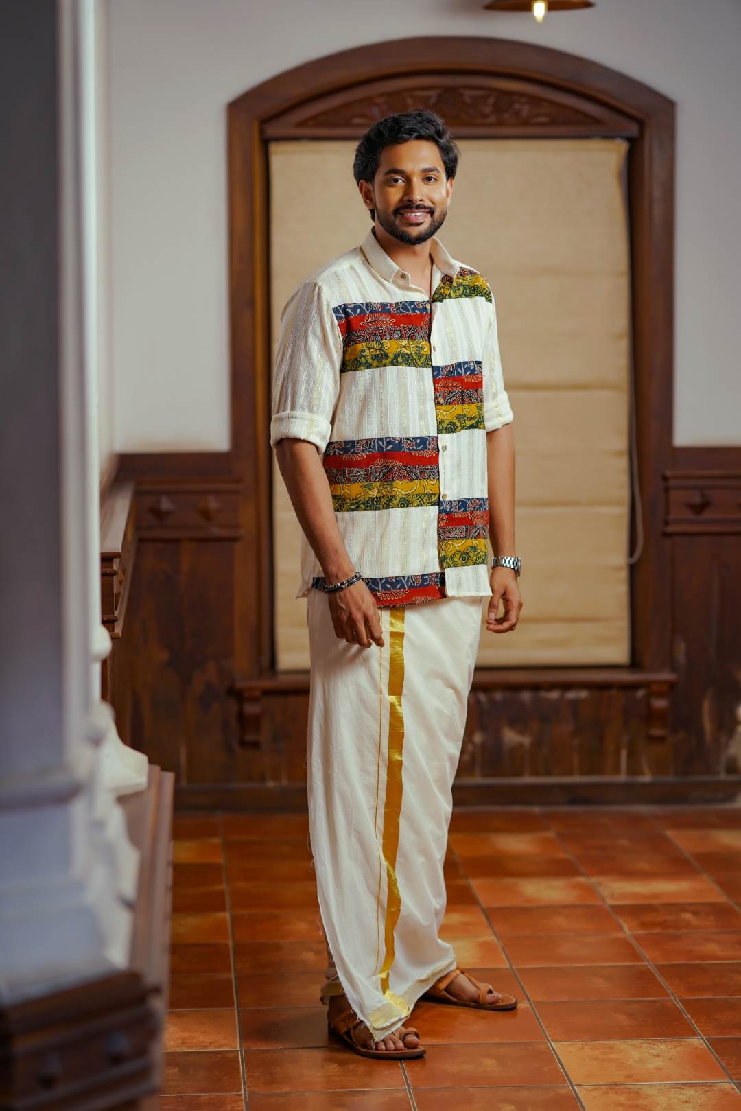 Offwhite Ajrakh Print Patch Shirt