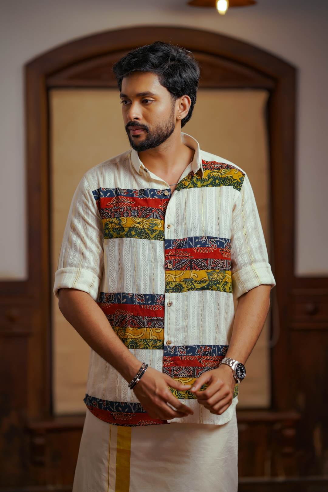 Offwhite Ajrakh Print Patch Shirt
