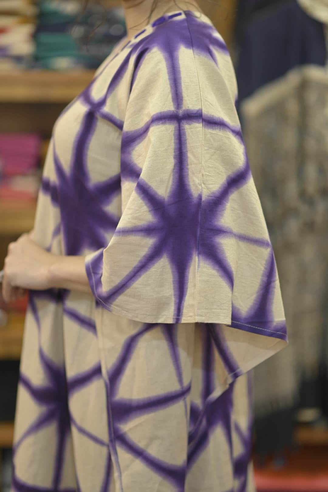 Beige Violet Twingle Pattern & Mirror Work Neck Kaftan