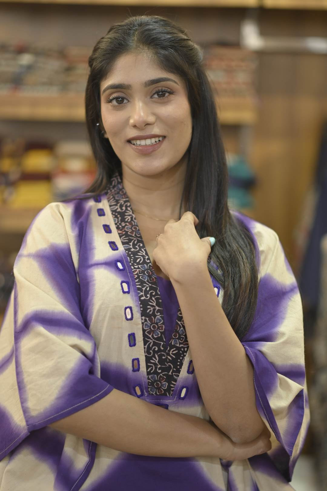 Beige Purple Diamond Pattern & Mirror work Neck Kaftan