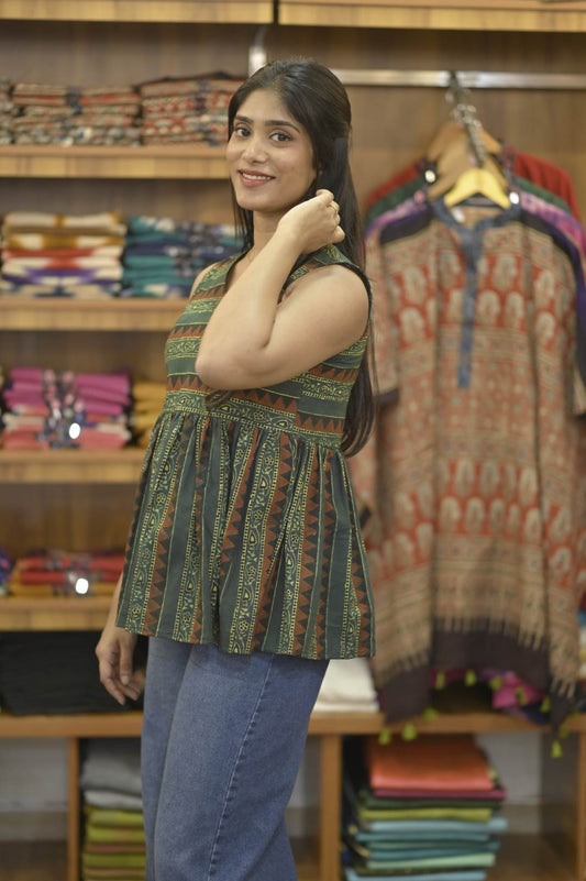 Green Base Ajrakh Short Top