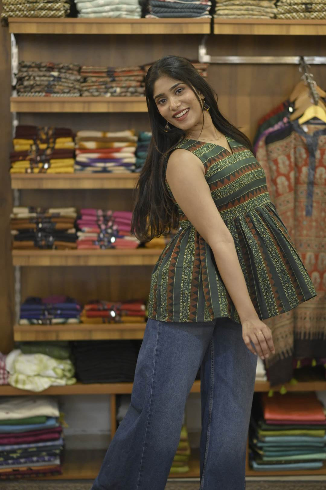 Green Base Ajrakh Short Top