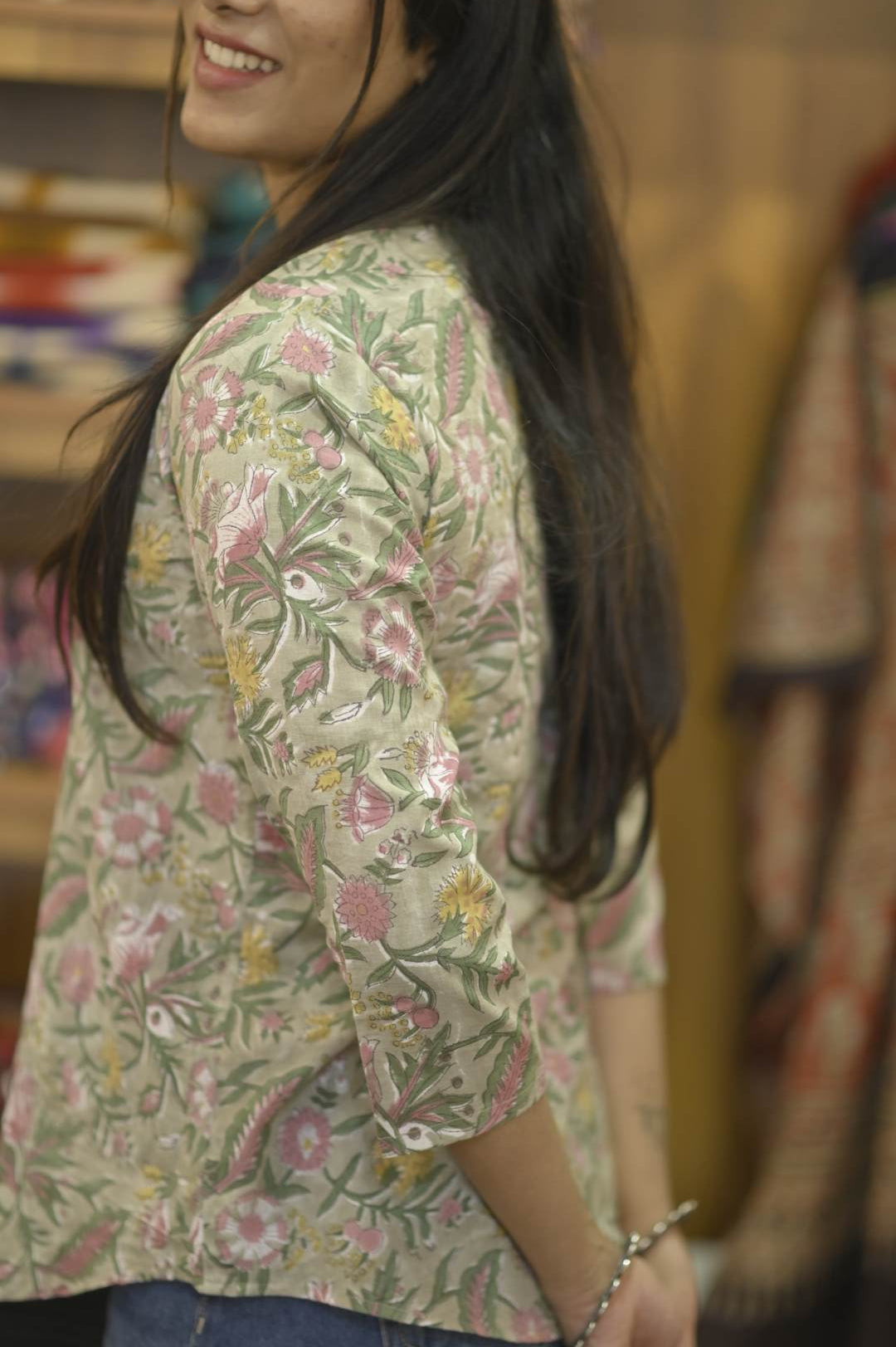 Mind Green Flower Print Short Kurti