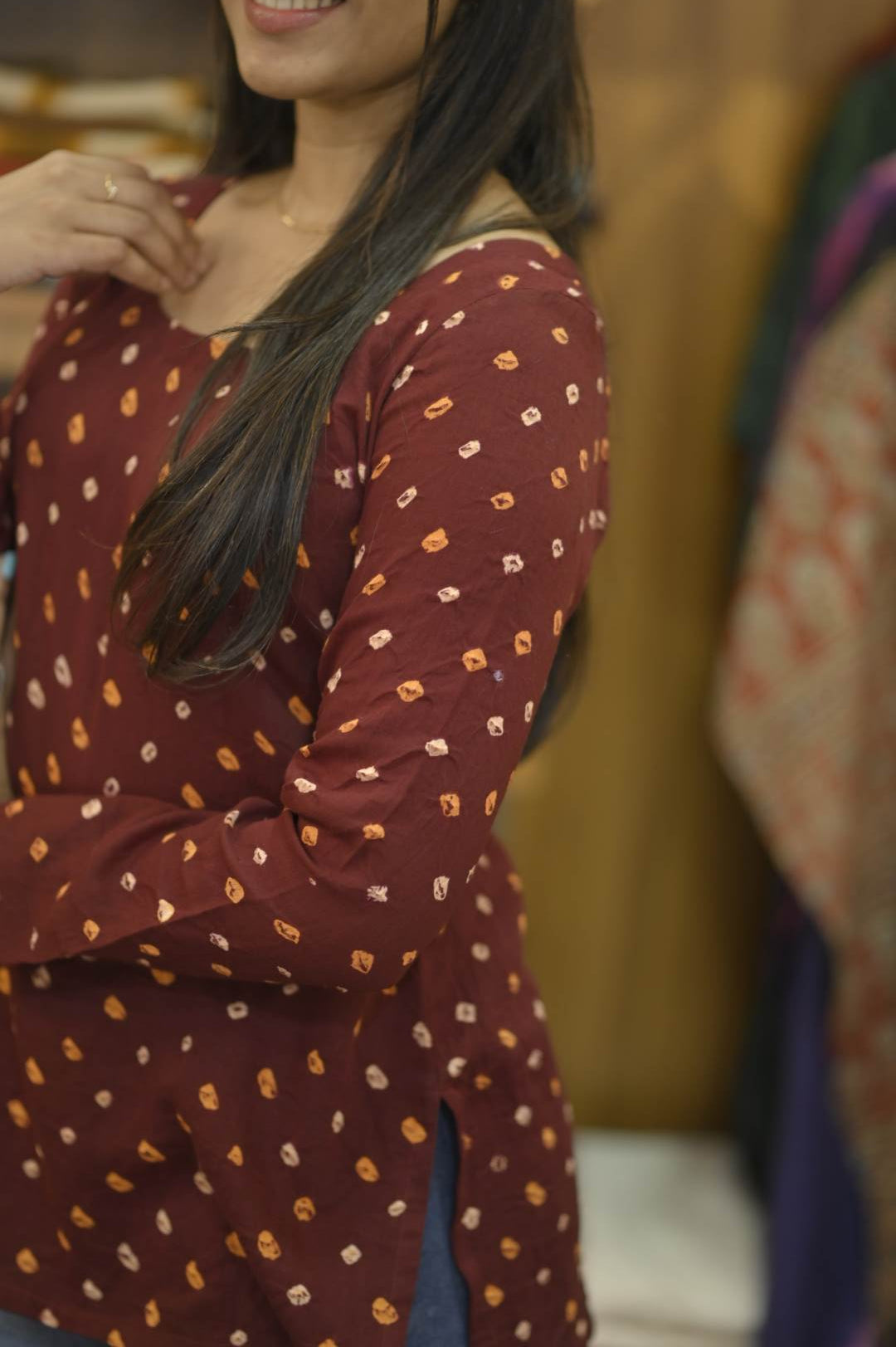 Maroon Bandhini Slitted Short Kurti