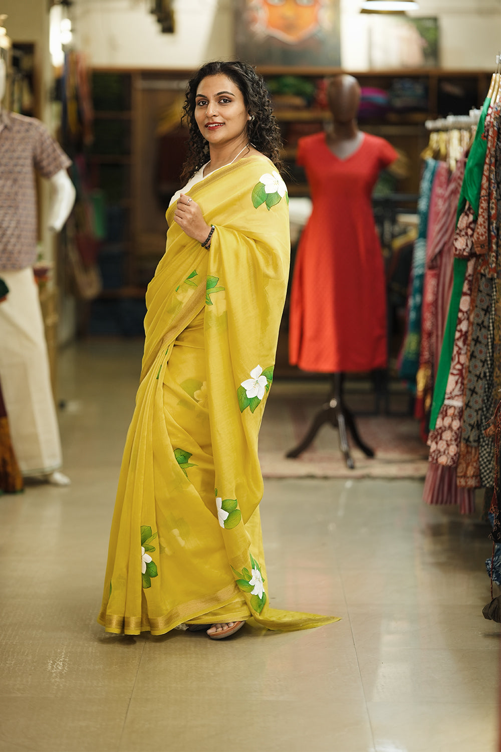 Yellow Handpainted Mantharam Saree