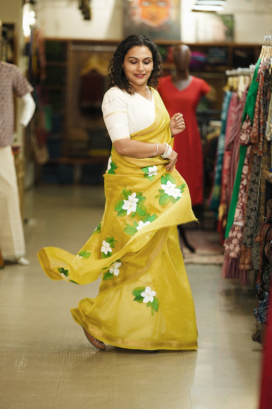 Yellow Handpainted Mantharam Saree