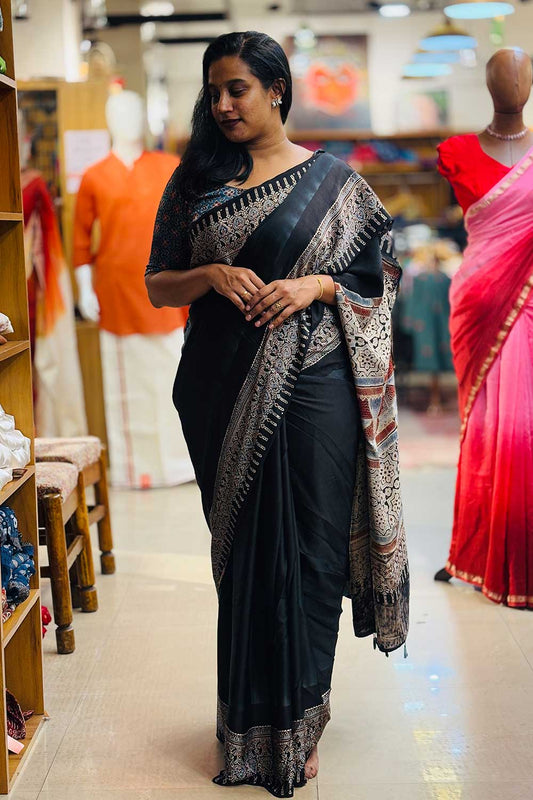 Modal silk Plain Black Body and Blue&Red Ajrkh Printed Saree