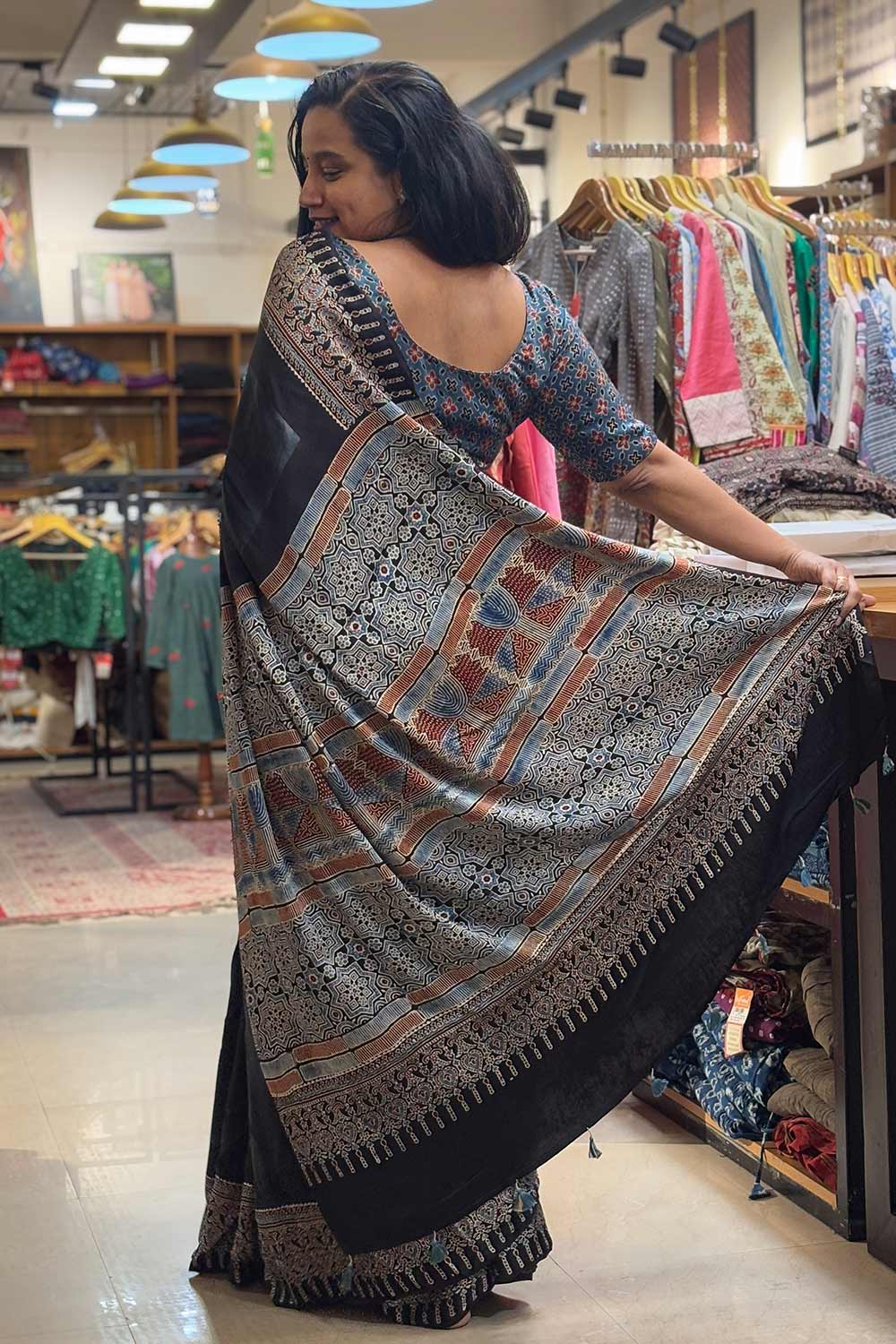 Modal silk Plain Black Body and Blue&Red Ajrkh Printed Saree