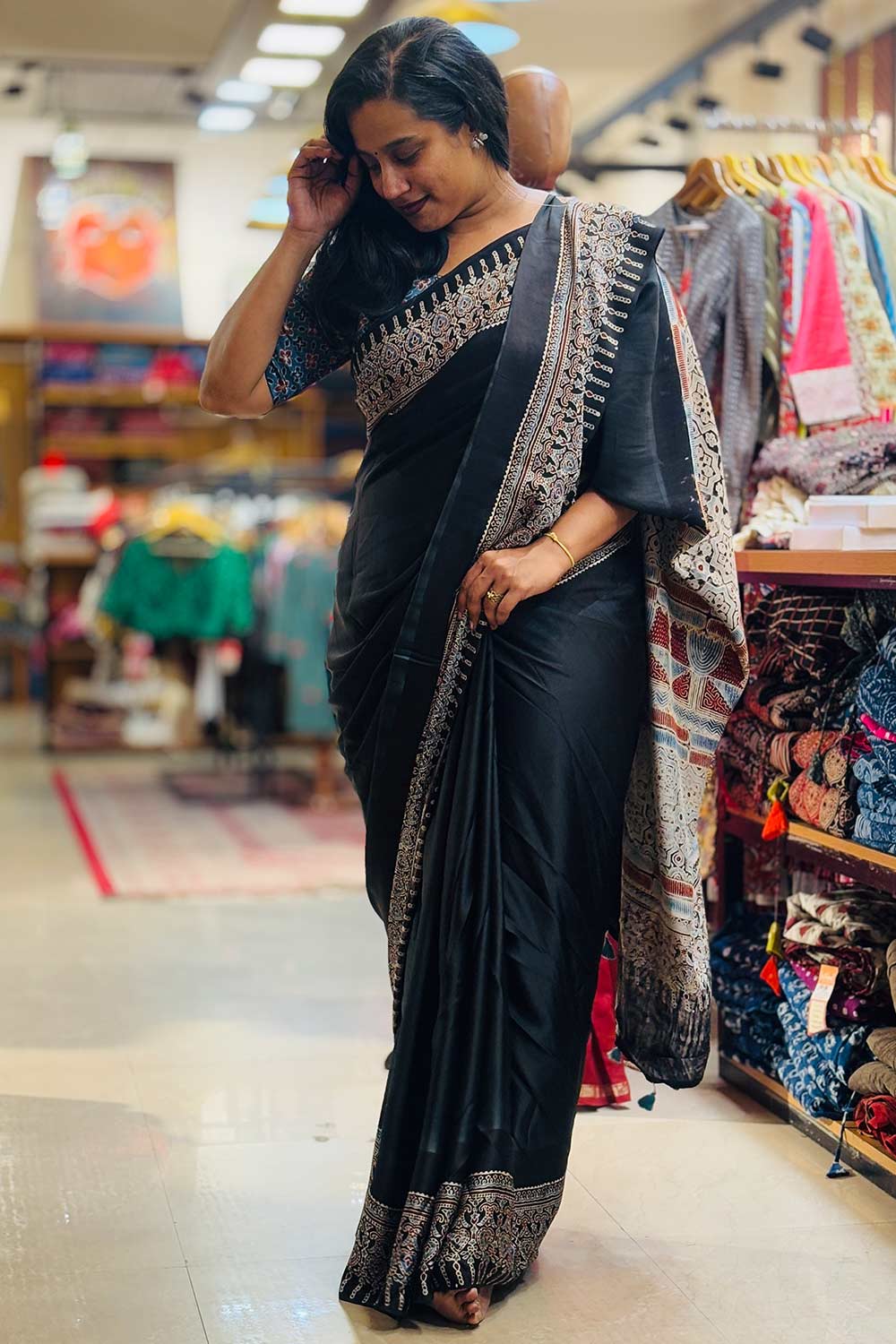 Modal silk Plain Black Body and Blue&Red Ajrkh Printed Saree