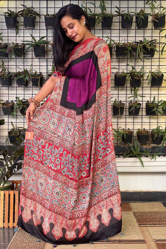 Modal silk Plain purple Body and Red Ajrkh Printed Boarder and Pallu Saree