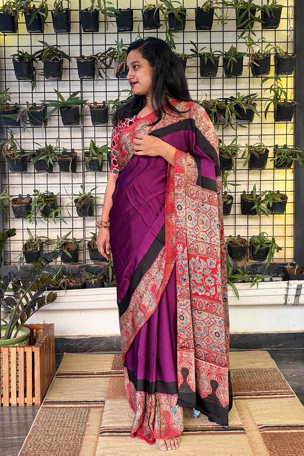Modal silk Plain purple Body and Red Ajrkh Printed Boarder and Pallu Saree
