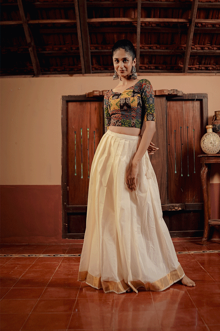 Offwhite Kerala Kasavu Skirt and Ajrakh Patch Blouse