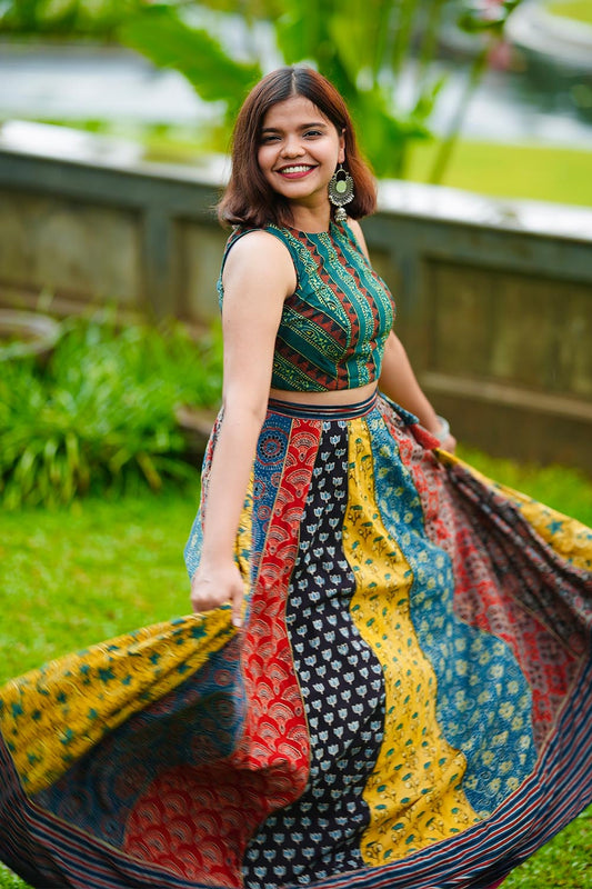 Ajrakh Green Blouse & Multi Print Patch Skirt