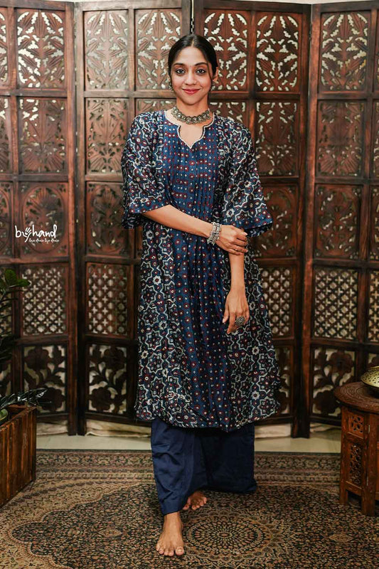 Aline navy blue ajrakh 3 panel kurti set