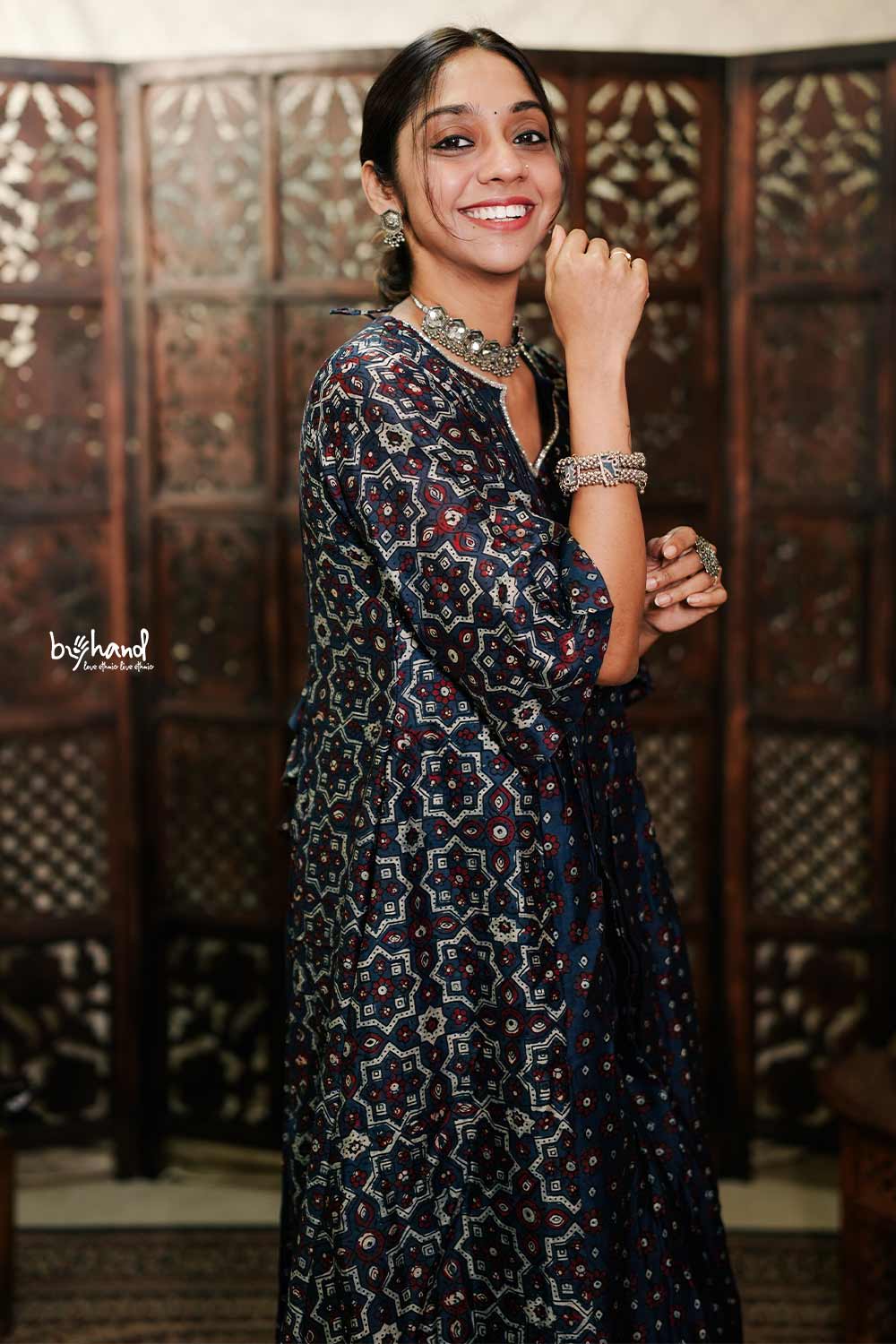 Aline navy blue ajrakh 3 panel kurti set