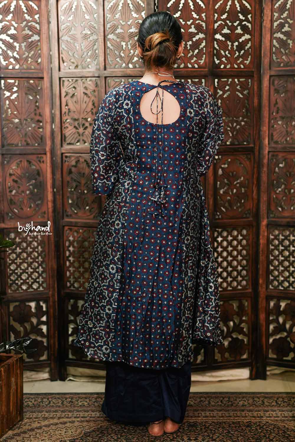 Aline navy blue ajrakh 3 panel kurti set