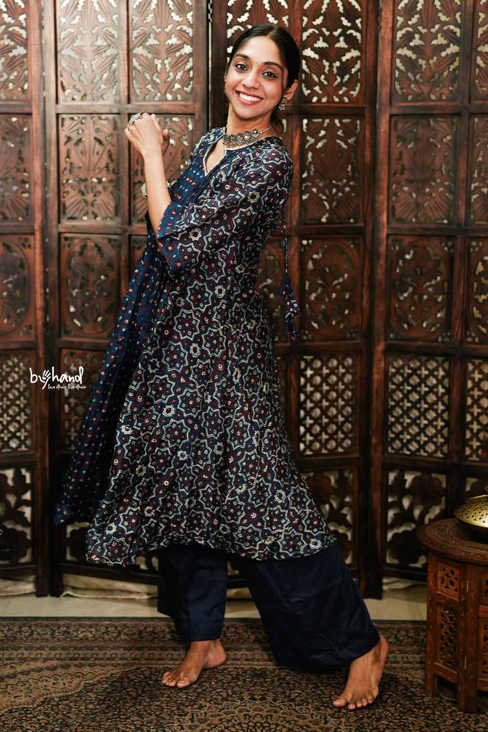 Aline navy blue ajrakh 3 panel kurti set