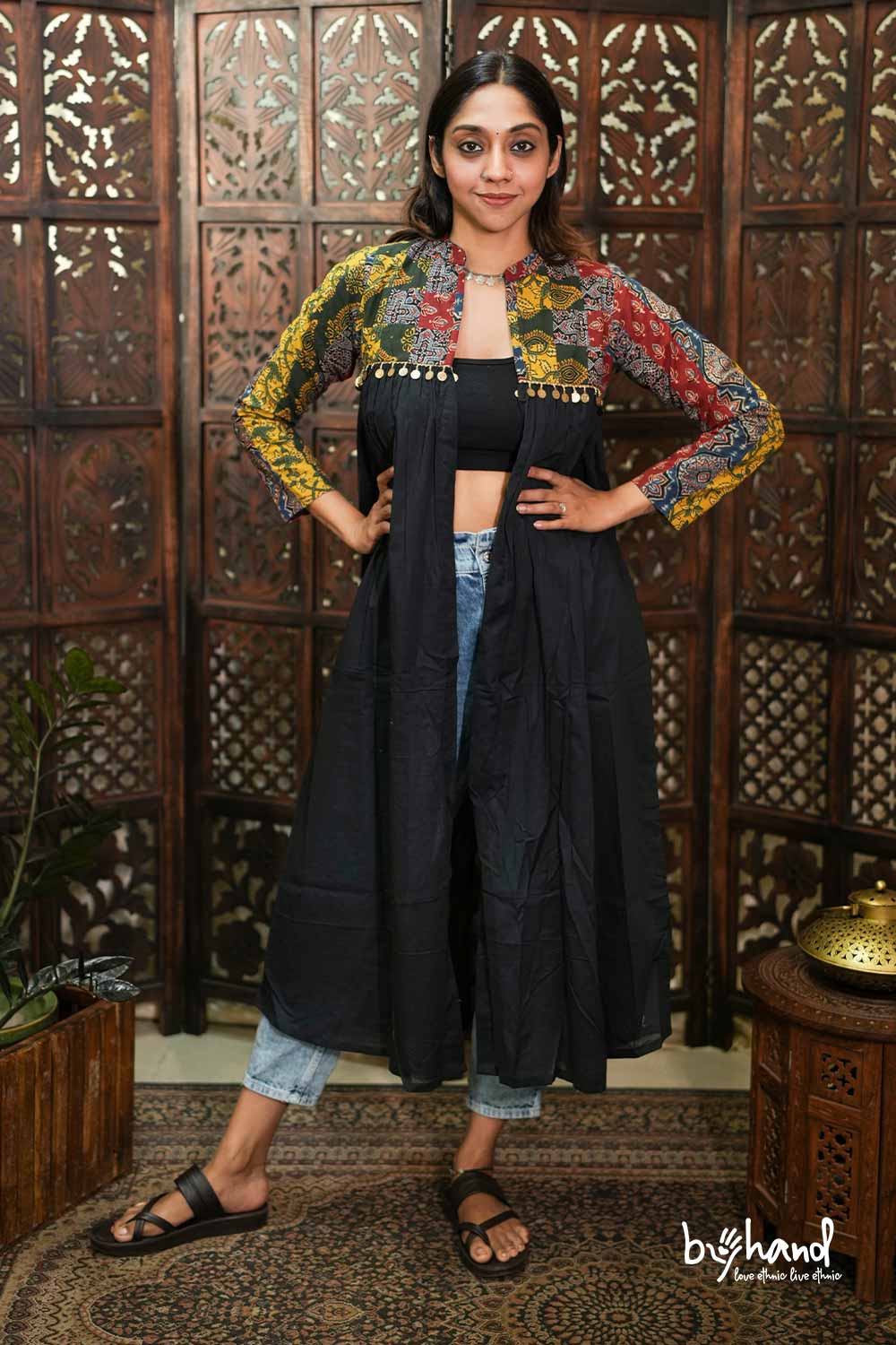 Black Ajrakh Patch Gathered Jacket