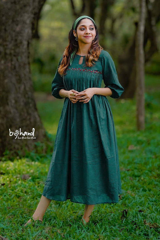 Green Gown Yoke Gather With Floral Embroidery