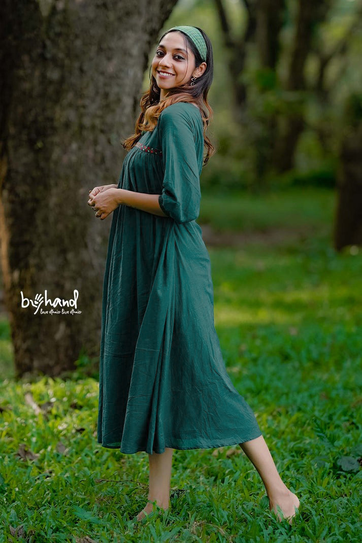 Green Gown Yoke Gather With Floral Embroidery