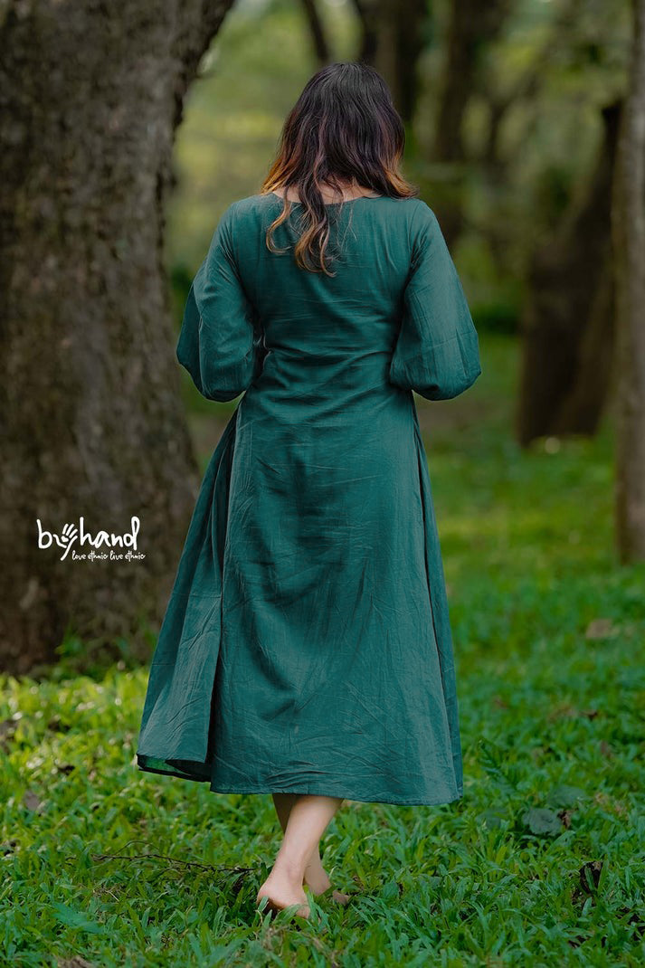 Green Gown Yoke Gather With Floral Embroidery