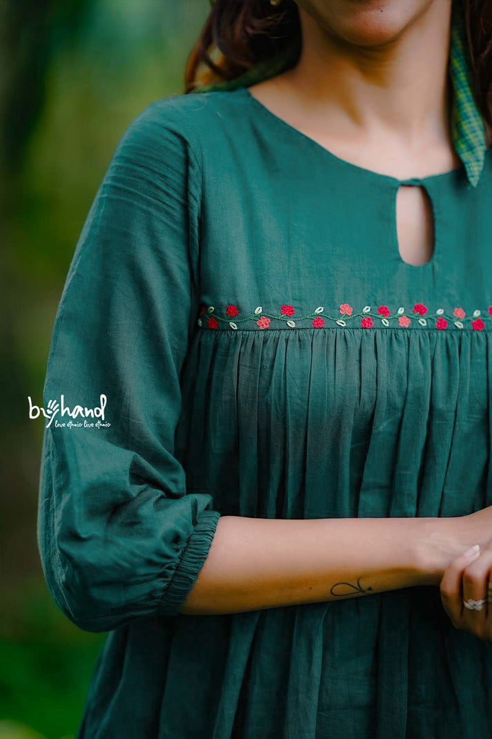 Green Gown Yoke Gather With Floral Embroidery
